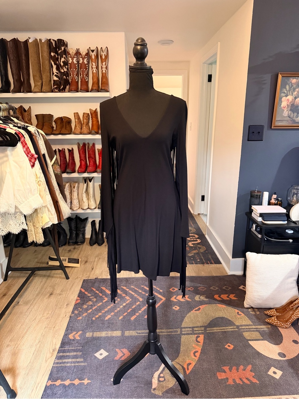 Idyllwind Black V-Neck Mini Dress with Fringe Sleeves